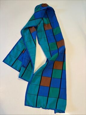 Vintage Vera Neumann Blue, Teal and Brown Checkered Silk Scarf